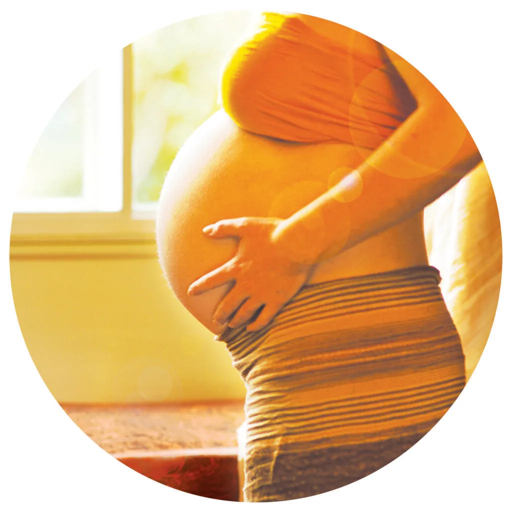 Mother powertype showing the body of a pregnant mother holding her belly and wearing orange colours