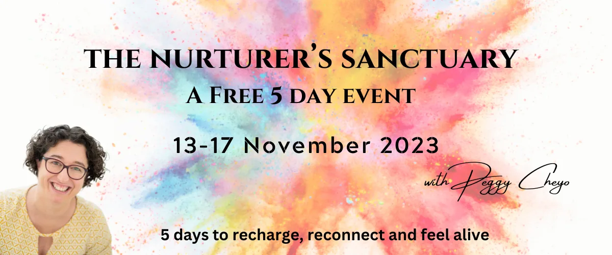 firework multicolor with Peggy cheyo woman wearing a yellow top n the right corner and the words Nurturer's sanctuary 5 day event 13-17 novembre 2023