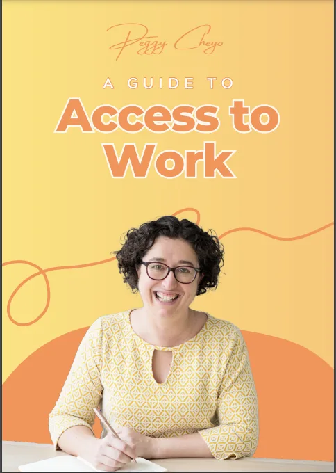Picture of a guide to help with Access to work applications by peggy cheyo showing a woman writing in front of an orange background