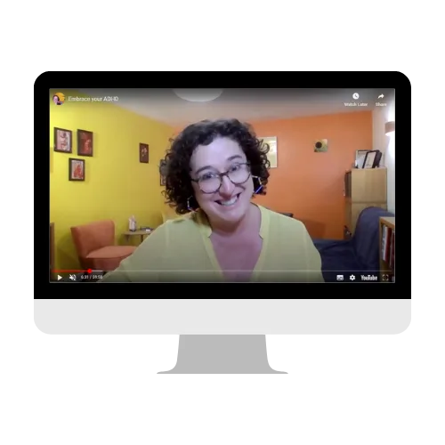 A computer showing a clip from one of the recordings of the Embrace Your ADHD course.