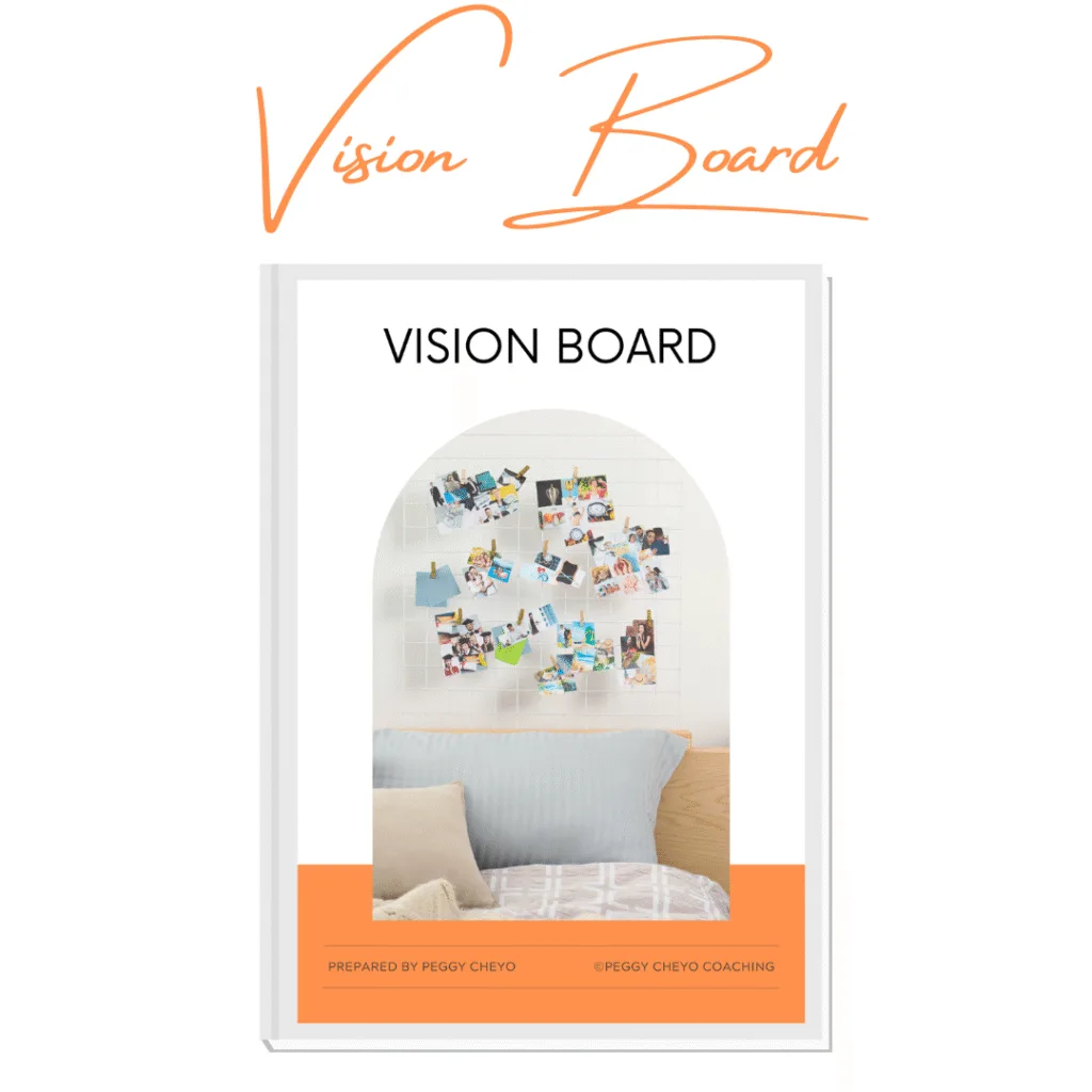 A preview of the Vision Board free resource. With the text Vision Board in orange handwritten fount above the resource.