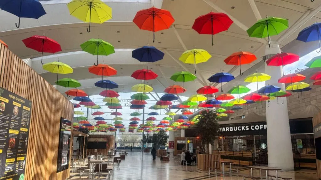 Midsummer place shopping centre milton keynes displaying colourful umbrellas on the ceiling to represent Neurodiversity and ADHD