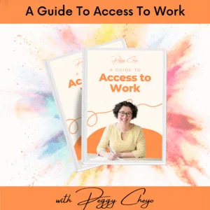 Picture of a guide for Access to Work with the picture of Peggy Cheyo a white woman with curly hair and glasses in a yellow shirt.
