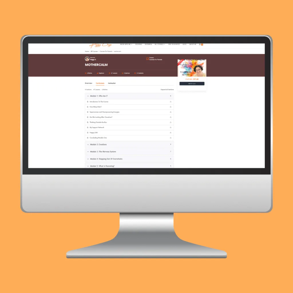 An orange background, with a large computer screen on it. On the screen is the website page for Peggy Cheyo's Mothetcalm course.