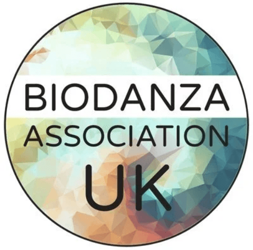logo of the biodanza Association UK BAUK . the words are written on a colourful background